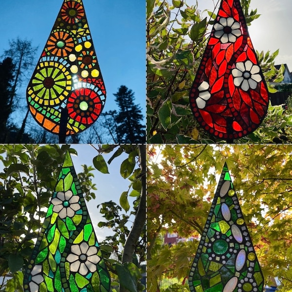 Arinna Mosaik Glas Regentropfen Gartenstecker Sonnenfänger suncatcher Blumenstecker Gartendeko Gartenstele Mosaikkunst Glaskunst individuell