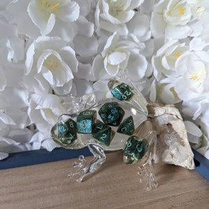 Green Glittery Dice Frog- holographic emerald colored dice with mint numbers trapped in a frog shaped dice jail forever