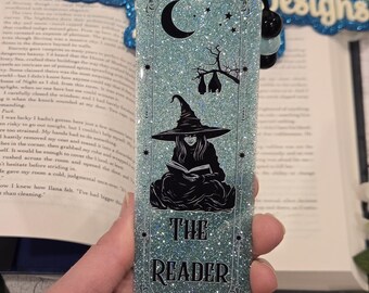 The Reader Witch acrylic bookmark; glitter acrylic bookmark