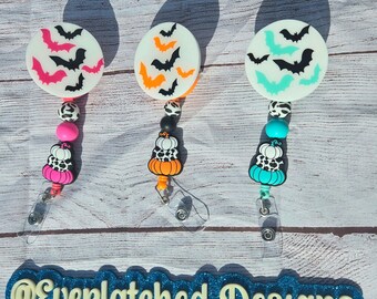 Halloween Badge Reel, Interchangeable Badge reel, Pumpkin badge reel, Fall Badge, Bat Badge reel, Spooky Badge Reel, Cow print Badge reel