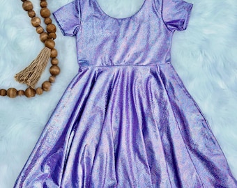Purple Holographic Twirl Dress: Girls Sparkle Party Outfit
