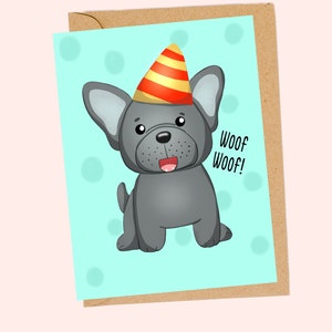 Carte de voeux imprimée joyeux anniversaire chiot bouledogue français gris