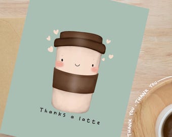 Tarjeta de agradecimiento "Thanks a Latte", tarjeta de felicitación con juego de palabras sobre café