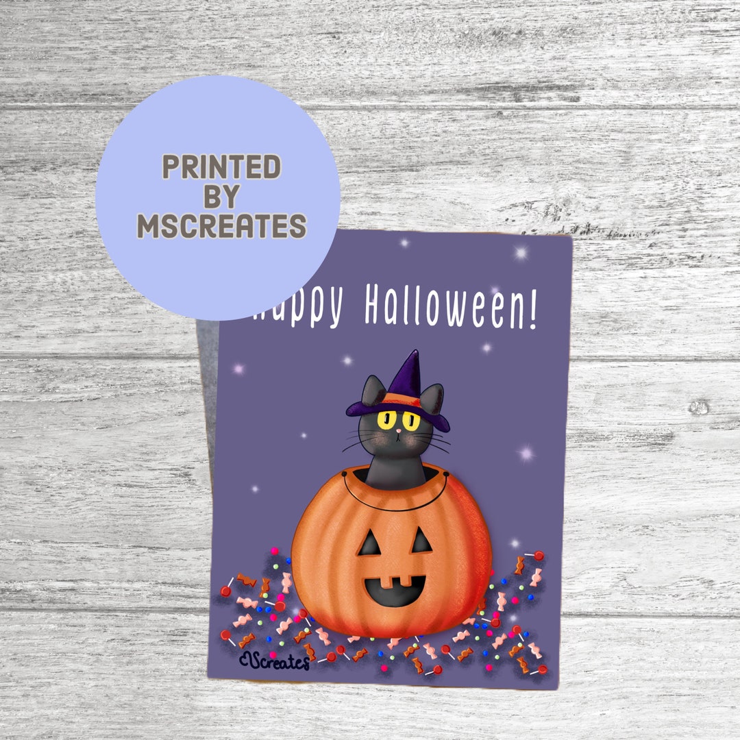 Happy Halloween Black Cat in a Pumpkin Printed Greeting Card - Etsy