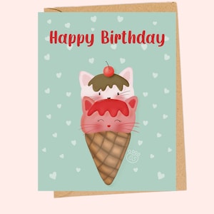 Carte d'anniversaire personnalisée chats cornet de crème glacée à la vanille et aux fraises pour elle, joyeux anniversaire pour petite amie, femme, fiancé, enfant, enfant