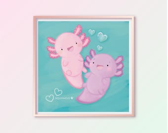 Axolotl Art Print, Swimming Axolotls Wall Art, Whimsical Home Decor