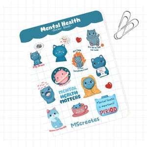 Feuille d'autocollants pour chats Questions de santé mentale | Coupe Kiss | Anxiété| Papier vinyle| Prendre soin de soi| Mignon| Amour de soi| Agenda Bullet Journal