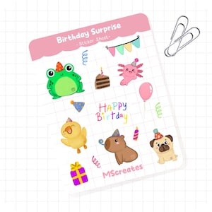 Feuille d'autocollants pour fête d'anniversaire | Coupe Kiss | Chats| Animaux| Grenouille| Capybara|Axolotl| Duck Glossy| Mat| Agenda Bullet Journal