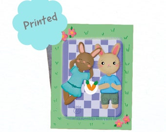 Birthday, Anniversary, Just because greeting card, Bunny Couple having a picnic for him, gift for her, Printed 4.5 x 5.5 inches