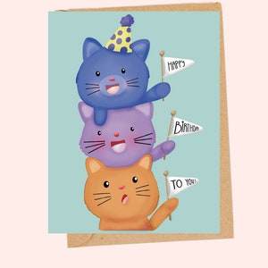 Custom Cat Trio Birthday Greeting Card| Happy Birthday| Kittens| Stacked| Personalization