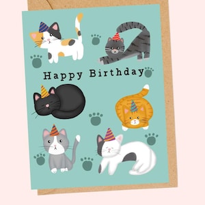 Cats Happy Birthday Printed Greeting Card, Cats in different positions birthday celebration card