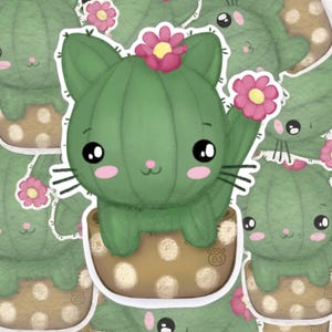 Imperméable| Résistant aux intempéries| Autocollants en vinyle| Chat Cactus| Usine| Succulentes| Pour bouteille d'eau, ordinateur portable, bloc-notes, agenda, journal | Amoureux des chats