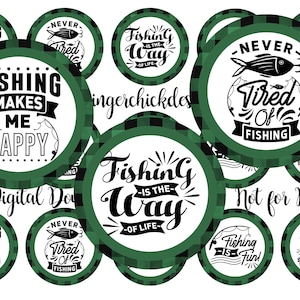 May include: A set of 10 round green and black checkered printable cupcake toppers with fishing-themed sayings. The sayings include "Fishing Makes Me Happy", "Fishing Is The Way Of Life", "Never Tired Of Fishing", and "Fishing Is The Reel Deal".