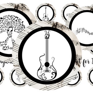 Puede incluir: Conjunto de 10 pegatinas redondas imprimibles con notas musicales, una guitarra, una mariposa y un violín. Las pegatinas tienen un fondo de partitura musical vintage con un borde negro.