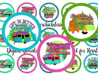 Camping Bottle Cap Images - 1 inch Circles (PDF & PNG)