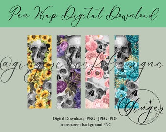 Pen Wraps | Pen skins | Skulls and Roses | 4 designs | PNG/JPEG