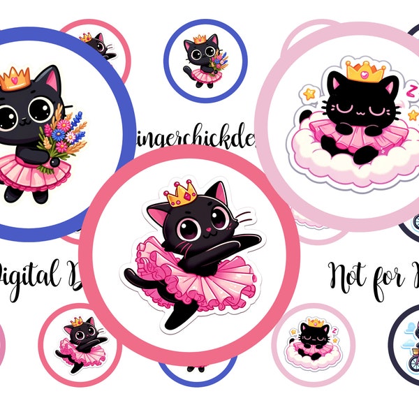 Black Kitty in Pink BCI-Bottle cap images - 1 inch circles - Circle images - Printable download-instant download-hair bow image