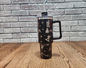 40oz Stanley Sized Laser Engraved Snowboarder Tumbler with Handle & Straw |Winter Sports Snowboarding Travel Cup| Snowboard Gift | Mountain