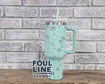 Tropical Palm Tree Vacation Beach Waves Stanley Sized 40oz  Laser Engraved Tumbler Water Bottle with Handle and Straw