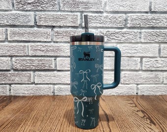 STANLEY 40oz Coquette Bow Sparkle Laser Engraved Tumbler with Handle & Straw