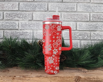 One Paw Print Stanley Sized 40oz Tumbler Water Bottle with Handle and Straw