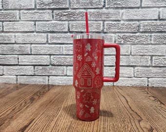 40oz Stanley Sized Laser Engraved Christmas Gingerbread Tumbler with Handle & Straw