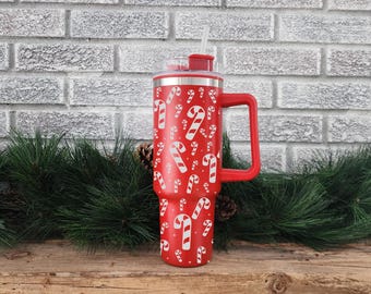 Red Candy Cane Stanley Sized 40oz Tumbler Water Bottle with Handle and Straw