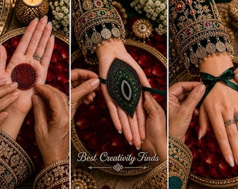 May include: A series of three images showing hands adorned with ornate jewelry. The first image displays a red circular design on a palm. The second shows a green beaded leaf-shaped adornment. The third shows a green ribbon tied in a bow.