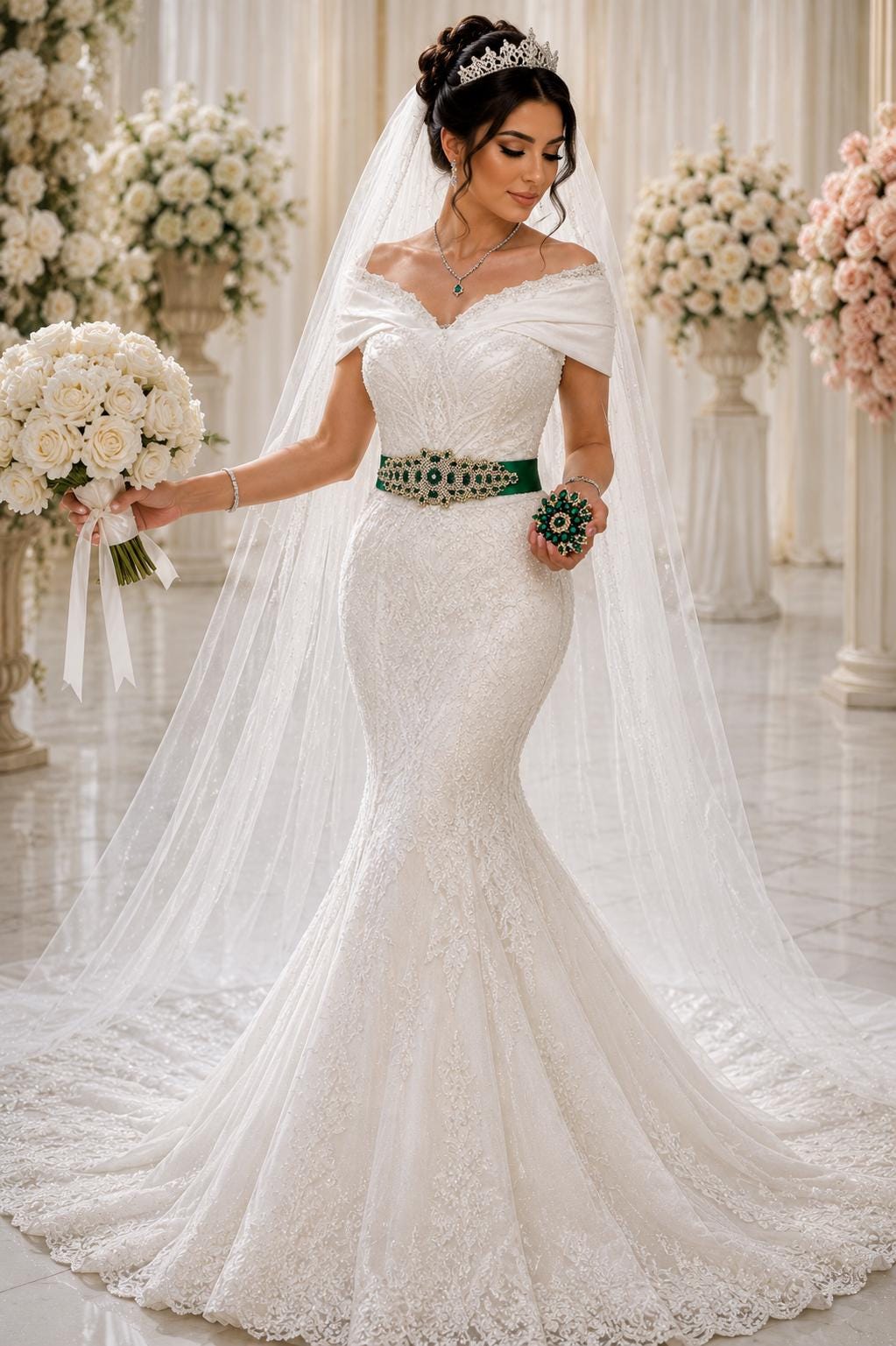 wedding dress with green belt Emerald badge::New