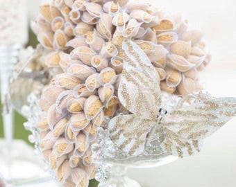 Grappe d'amandes Sofreh Aghd - Décoration de mariage perse dorée et blanche, morceau de table fait main en amandes de Jordanie