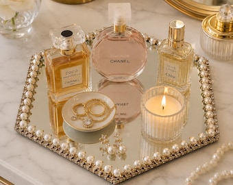 Plateau pour meuble-lavabo en miroir, perle hexagonale, plateau de rangement de parfum, plateau à bijoux, meuble de toilette glamour, plateau de miroir décoratif, décoration de salle de bain de luxe