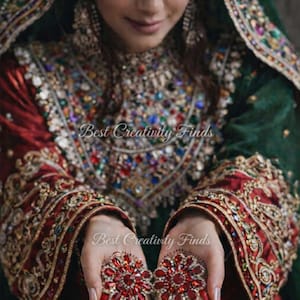 Red henna wrap for Afghan Asian brides– Mehndi Henna Night Gold Crystal Hand Chain, Nikkah Wedding Aina Mosaf Gift