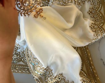 Châle de mariée afghane en satin - broderie miroir de perles dorées, fiançailles Nikah Ayena Mosaf Dupatta Desmal