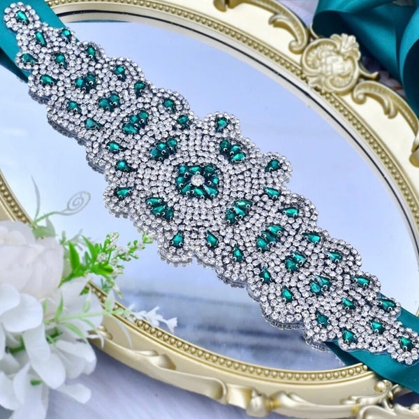 Bridal green belt with rhinestone embellishments