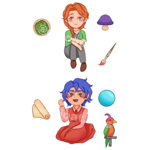 Op de afbeelding: Twee cartoonfiguren, een met oranje haar en een groene trui, de ander met blauw haar en een rode jurk. De afbeelding bevat ook een kom groene soep, een paarse paddenstoel, een penseel, een rol papier, een blauwe bal en een papegaai.
