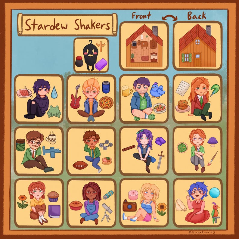 Op de afbeelding: Een kleurrijke illustratie van 10 verschillende personages uit het videospel Stardew Valley. Elk personage zit en is omringd door voorwerpen die verband houden met hun persoonlijkheid en hobby's. De illustratie heeft de titel "Stardew Shakers" en bevat de woorden "Front" en "Back" met pijlen die de richting van de personages aangeven.