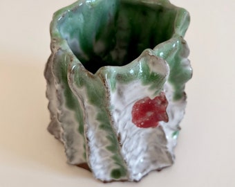 Textured Ceramic White & Green Vase with Red Spot