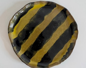 Handmade Ceramic Small Dessert Plate in Black and Mustard Yellow Stripes