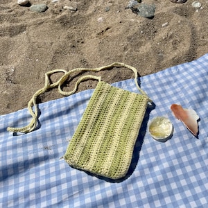 Handmade Crochet Green & Yellow Striped Cell Phone Purse Crossbody Bag image 1