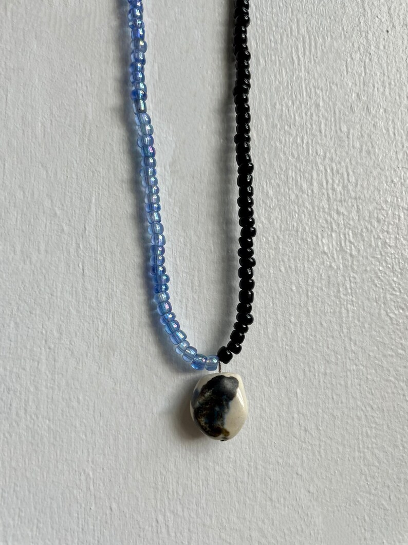 Glass Beaded Necklace with Handmade Ceramic Pendant Beads image 3