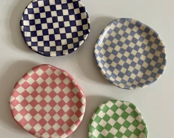 Checkered Handmade Ceramic Trinket Tray/Jewelry Dish