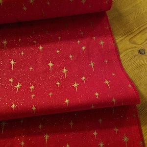 Red and Gold Metallic John Louden Christmas Stars Fabric for Crafts, Sewing, Quilting, Patchwork - Fat Quarter, 1/2 Metre & Metre