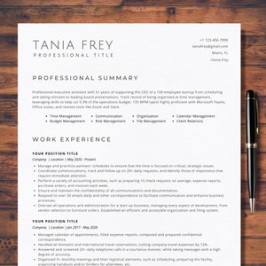 Op de afbeelding: Een cv voor Tania Frey, een ervaren executive assistant met meer dan 5 jaar ervaring in het ondersteunen van een CEO. Het cv benadrukt haar vaardigheden in tijdmanagement, communicatie, organisatie en klantrelaties. Het vermeldt ook haar vaardigheid in Microsoft Teams, Office-suites en externe tools zoals Zoom en Slack.