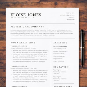 May include: A resume template with the name "Eloise Jones" at the top. The resume includes sections for professional summary, work experience, expertise, and education. A black pen rests on the right side of the resume.