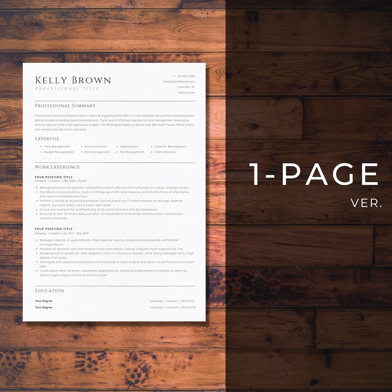 Może przedstawiać: Jednostronicowy szablon CV z drewnianym tłem. CV jest dla Kelly Brown, kt&oacute;ra jest profesjonalną asystentką kierownika. CV zawiera sekcje podsumowania zawodowego, wiedzy specjalistycznej, doświadczenia zawodowego i wykształcenia.