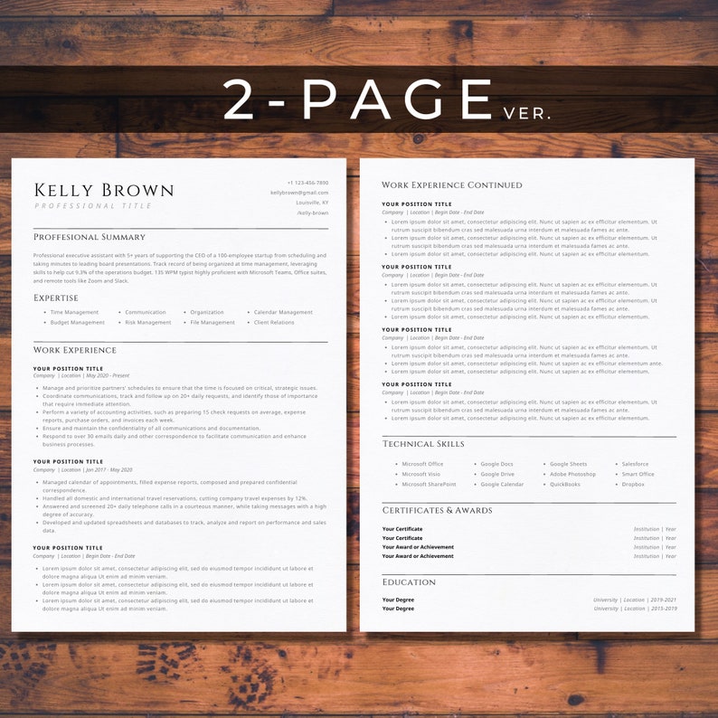 Może przedstawiać: Dwustronny szablon CV w kolorze czarno-białym. CV jest dla Kelly Brown, profesjonalistki z doświadczeniem w zarządzaniu budżetem, zarządzaniu ryzykiem i relacjach z klientami. CV zawiera podsumowanie zawodowe, wiedzę specjalistyczną, doświadczenie zawodowe, umiejętności techniczne, certyfikaty i nagrody oraz wykształcenie.