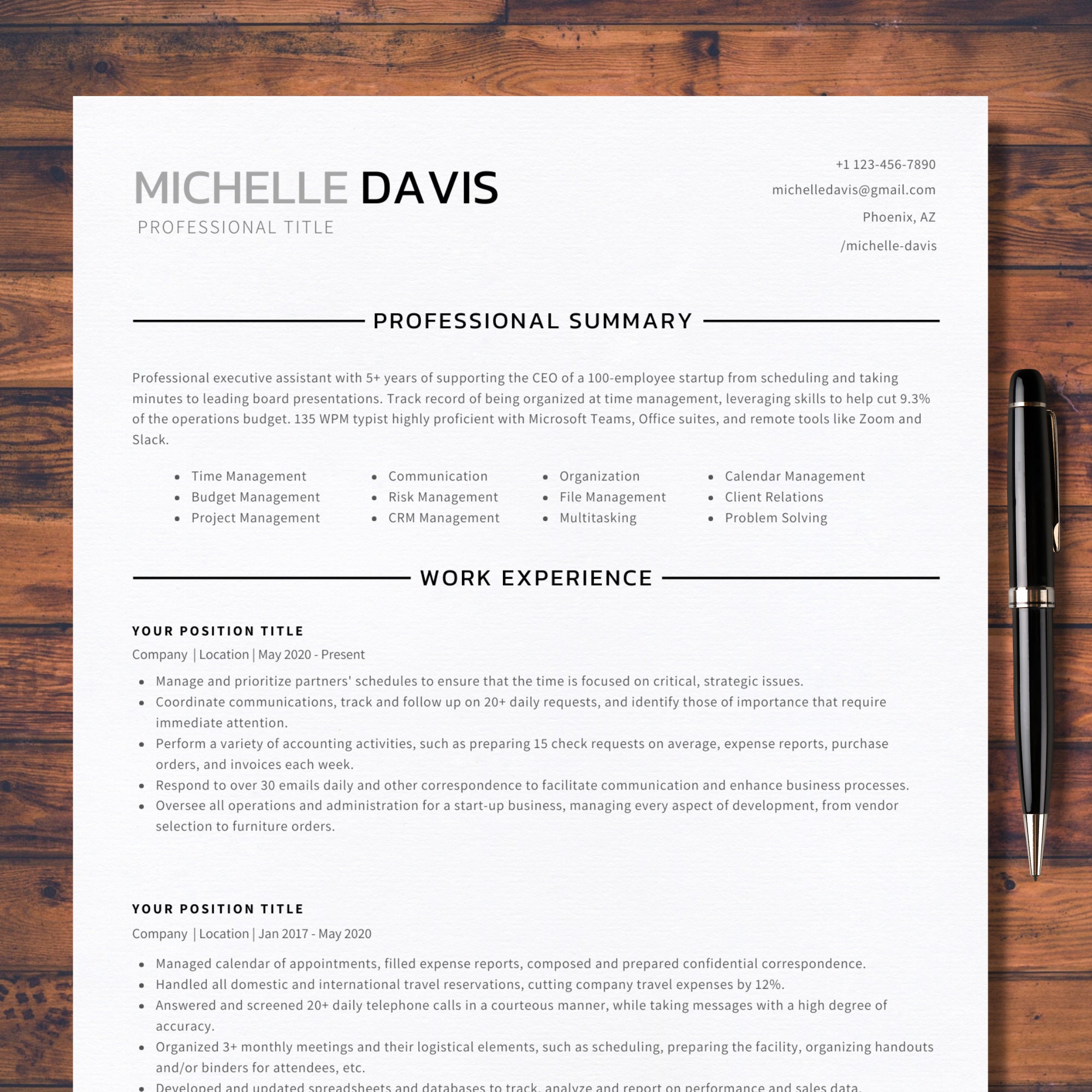 2025 Professional Resume Template Google Docs Modern Word Resume ATS Friendly Template Minimalist Executive Assistant Simple CV Cover Letter