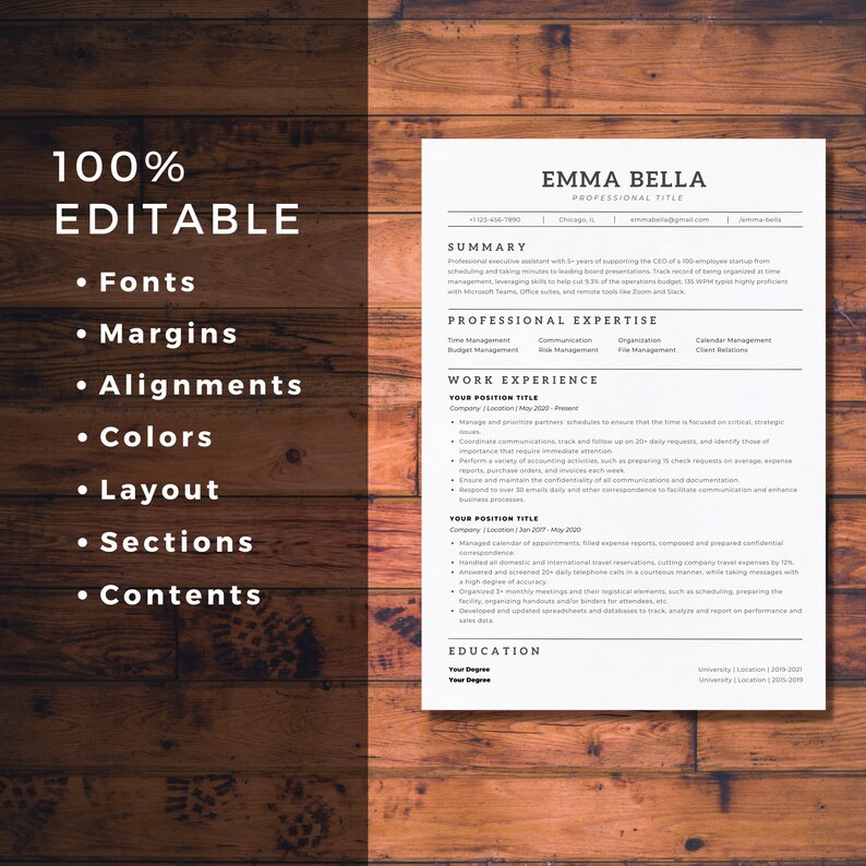 2023 Word Resume Template Google Docs Clean Modern Executive - Etsy