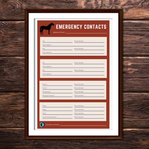 Fiche de CONTACT D'URGENCE EQUINE | Téléchargement numérique | Modèle en ligne | Entièrement modifiable