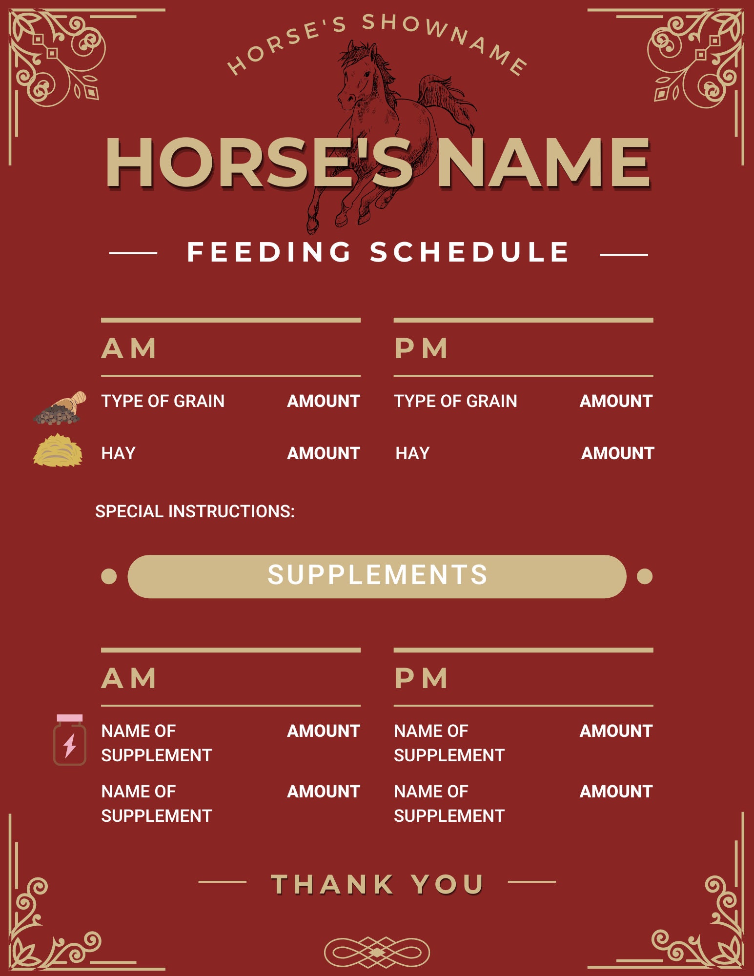 Custom Horse Feeding Schedule FULLY Editable Etsy